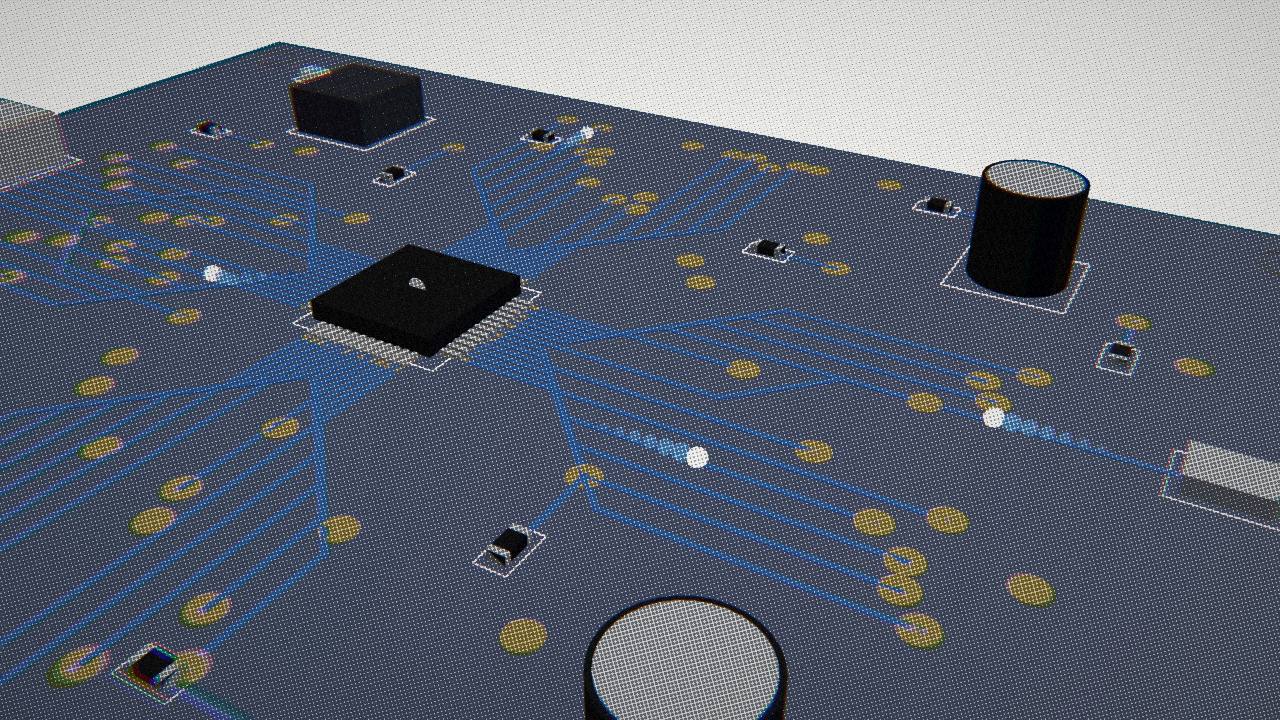A frame of the film: signals running along the traces of a circuit board, in halftone.